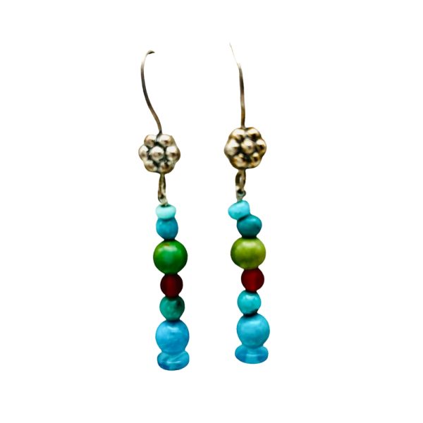 Silver beaded earrings with turquoise stones.