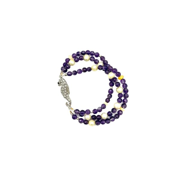 Amethyst and pearl beaded bracelet with seahorse charm.