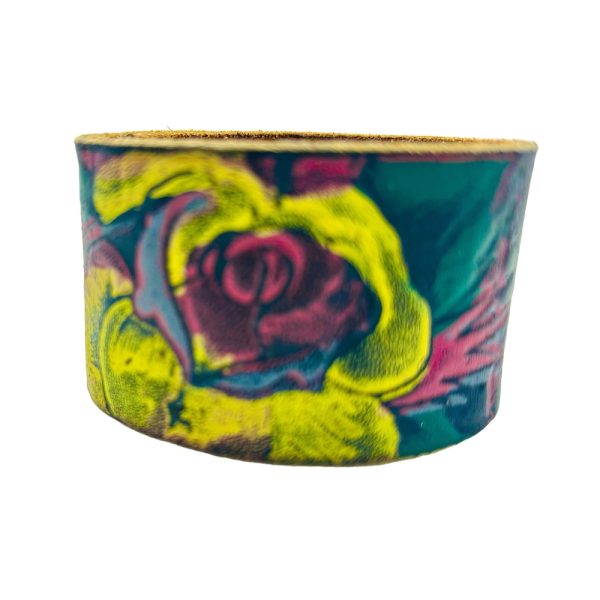 Floral pattern leather cuff bracelet.