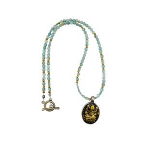 Gold and silver necklace with blue beads and a pendant.