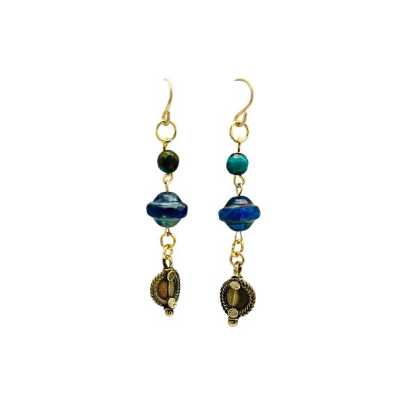 Gold dangle earrings with blue beads.