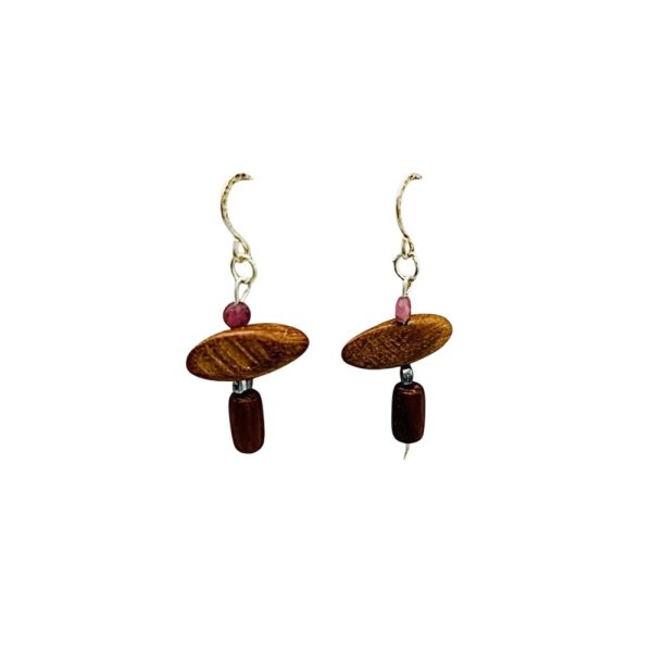 Wooden earrings with pink beads.