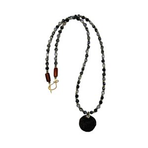 Black and grey beaded necklace with wood charm.